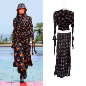 NEW Paco Rabanne Runway motif-print ruffle wrap skirt + top set